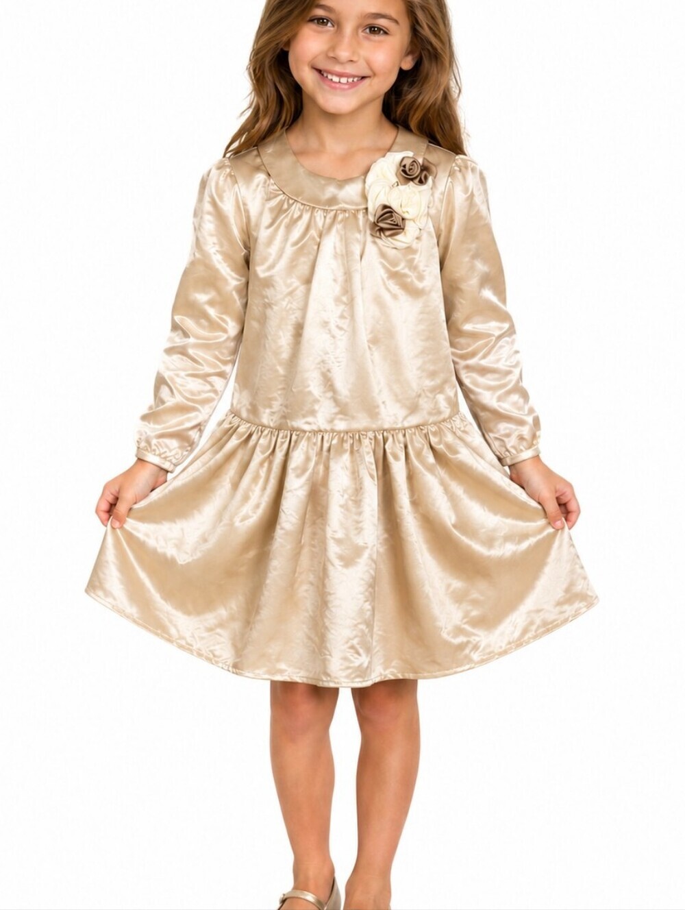LAURA ASHLEY Satin Rosette Colonial Peplum Drop Waist Long Sleeve Holiday Dress